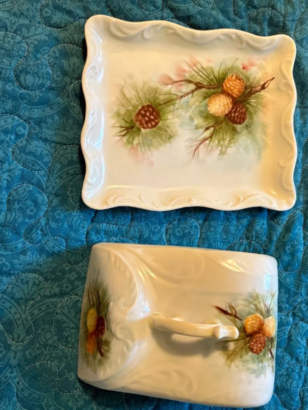 Vintage Covered Cheese Hand-Painted Pinecone Design Dish